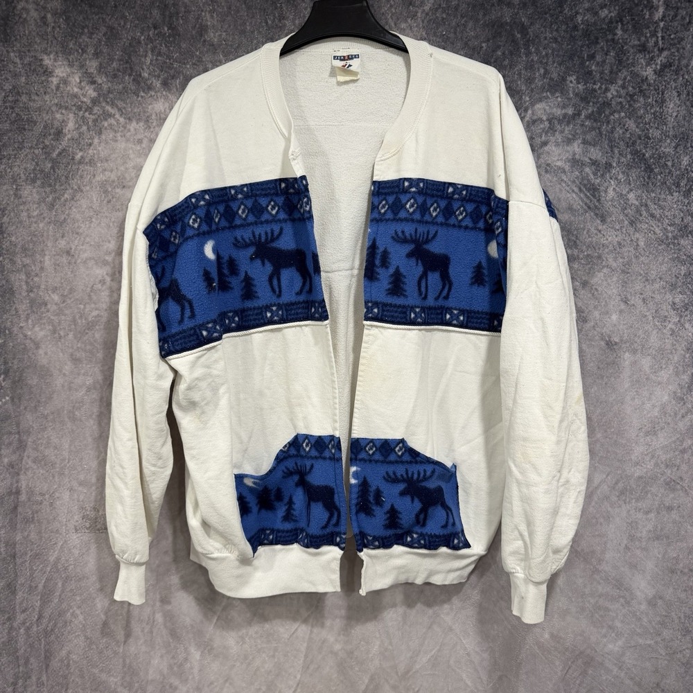 Jerzees Vintage Moose Jacket Men's XL White Blue Fleece Trim Full Zip 90s
